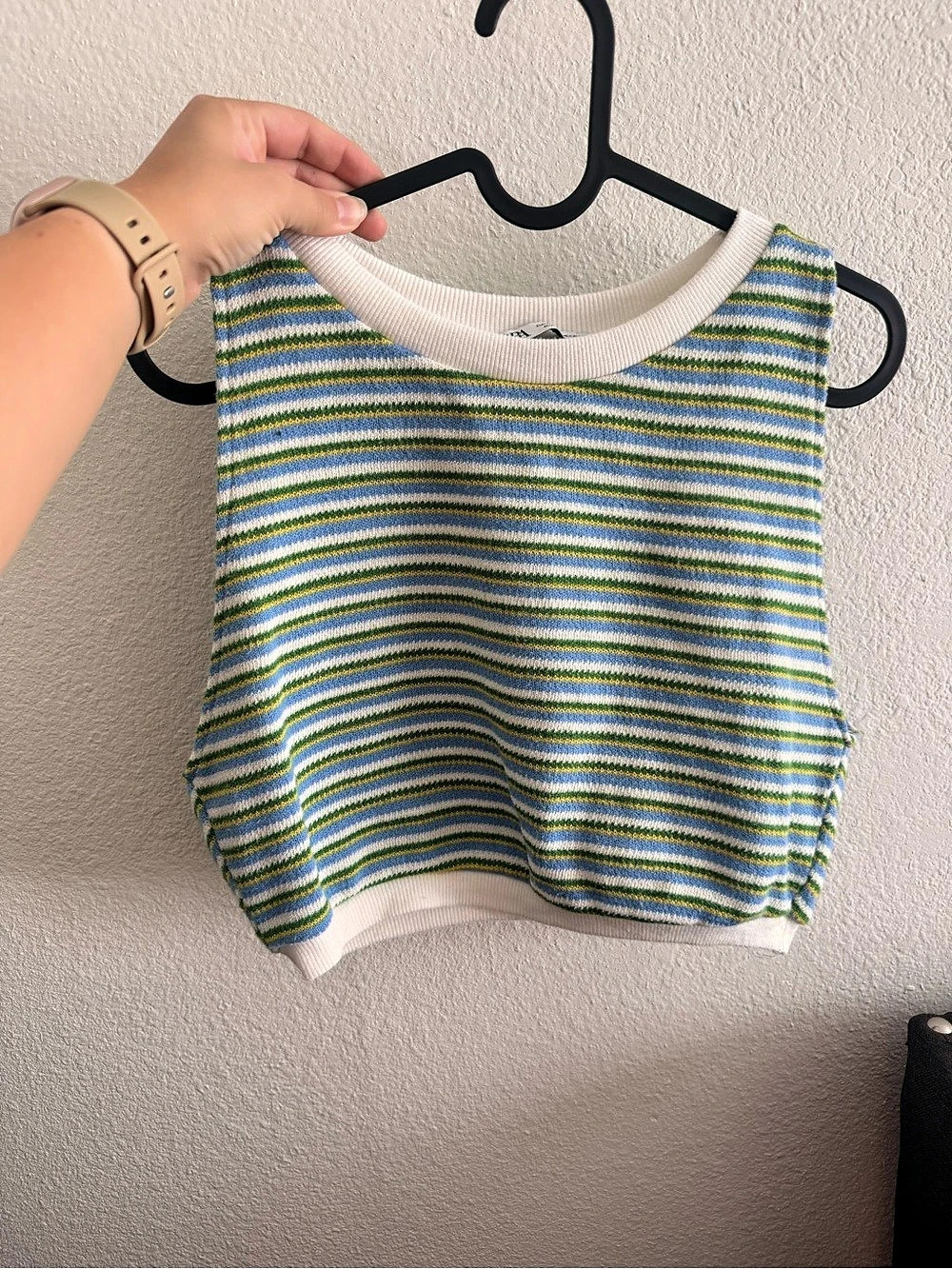 ZARA Striped Knit Cropped Sweater Top in Blue & Green